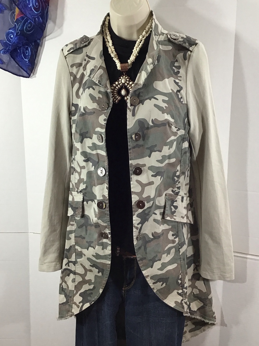 Suzy D Camo mixed media hi low military utility jacket Italy S